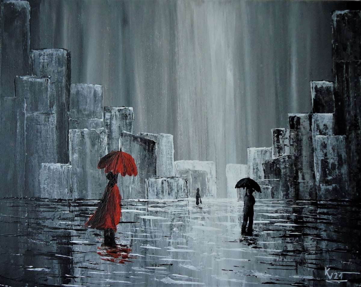rote Frau Regenschirm Stadtansicht Regen Einsamkeit Acryl Gem&auml;lde Kunst schwarz wei&szlig; rot